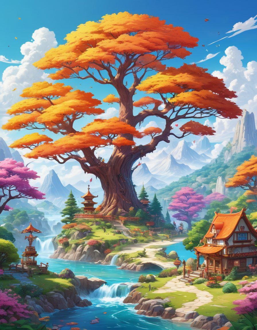 A vibrant anime-inspired landscape filled with cheerful characters participating in fun interactive adventures. Include elements like colorful fantasy trees, whimsical creatures, and playful game components like puzzles or quests. The atmosphere should radiate joy and excitement, inviting viewers to join the adventure. super-realistic. vibrant colors. white background.