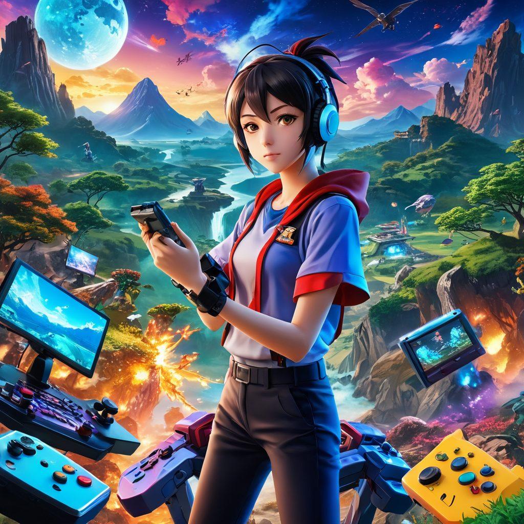 A colorful collage showcasing an anime character playing an immersive video game, surrounded by vibrant landscapes from different anime worlds. Include gaming elements like controllers, glowing screens, and animated effects that convey excitement. The background should blend various anime styles seamlessly, creating a dreamlike atmosphere. Super-realistic. Vibrant colors. 3D elements.